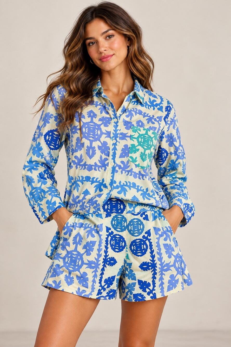 Zara 2 Piece Set Womens M Blue White Print Shirt Shorts 100% Cotton Morocco